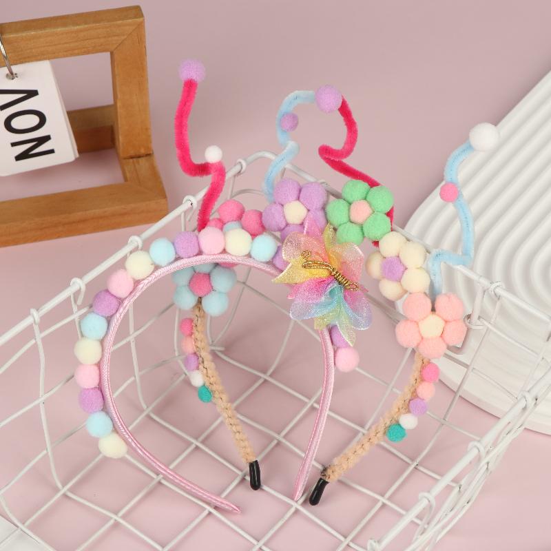 Cute Rainbow Balls Flower Hair Bands Princess Headband Sweet Plush Head Hoop Baby Girls Headwear Accessories