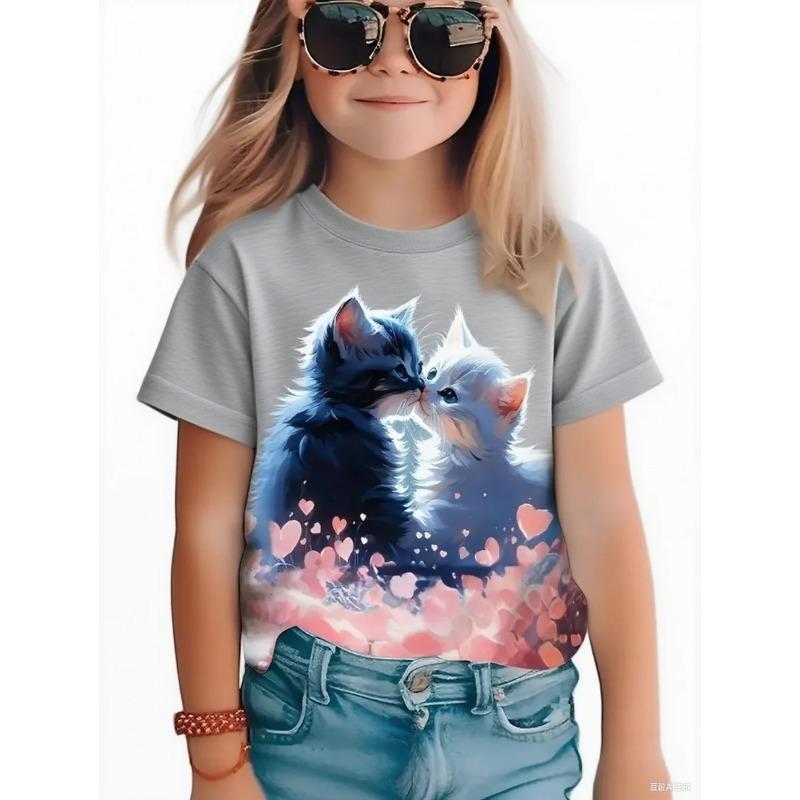 Summer Round Neck 3D Cat Printed Top Fashionable Casual Short Sleeved Children's Girl T-shirts
