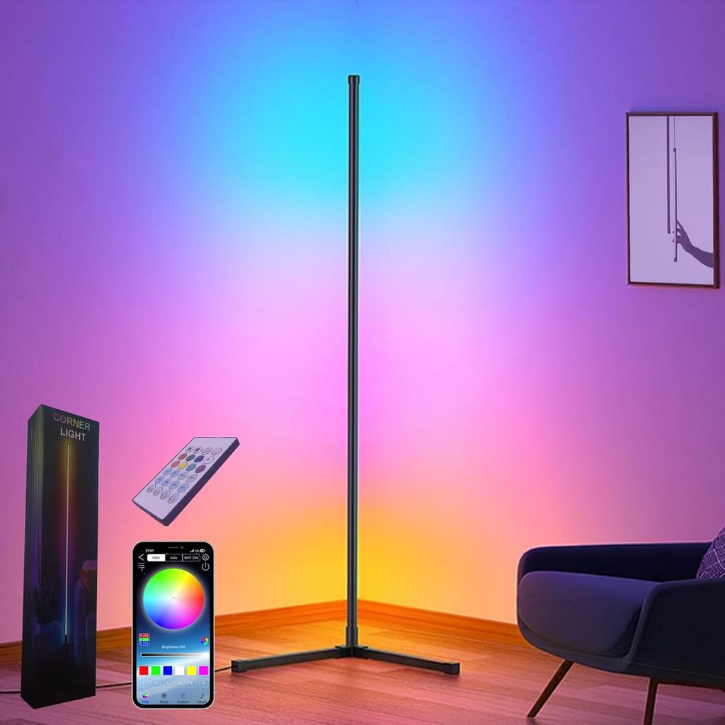 Corner Floor Lamp,60” Smart RGB LED Corner Lamp with App and Remote Control, Color Changing Ambience Light with Music Sync, Easy to Install, Led
