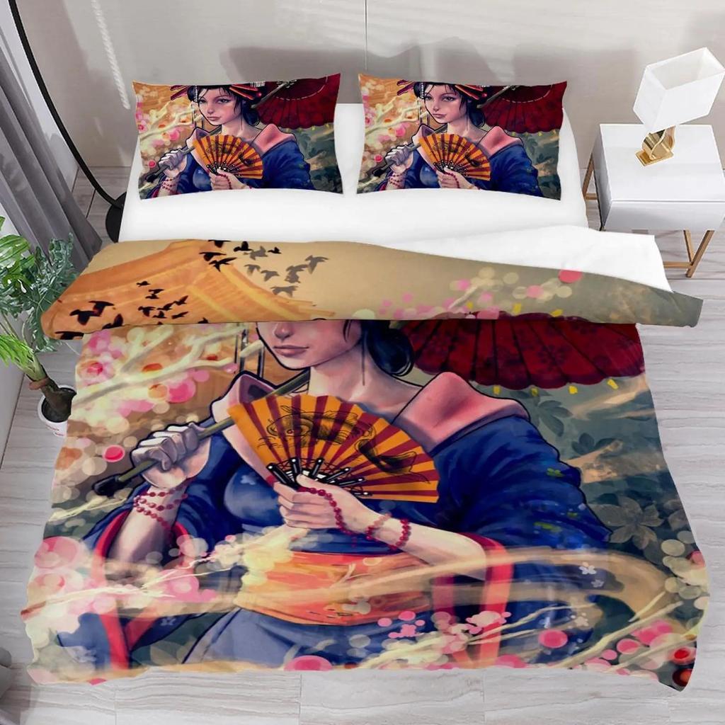 Japanese Geisha King Queen Duvet Cover Red Woman Bedding Set For Kids Teens Adults Koi Fish Eastern Culture 2/3Pcs Quilt Cover
