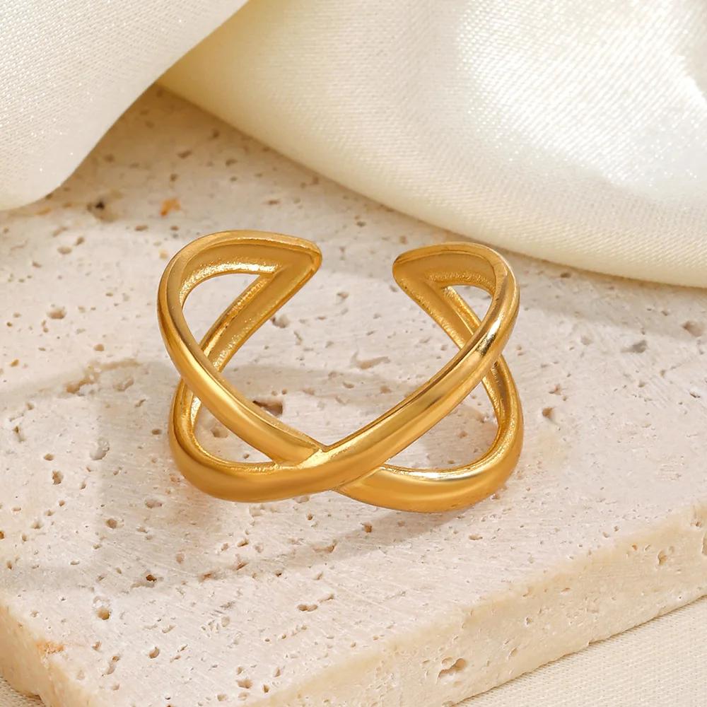 Vintage Stainless Steel Geometric Wave Rings for Women Gold Color Adjustable Rock Ring Aesthetic Wedding Trend Jewelry Gift