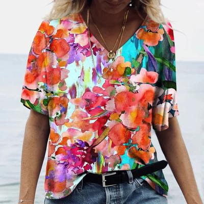 Buntes Blumen-T-Shirt für Damen Modische V-Ausschnitt Oberteile Tees Weiblich Lässig Stilvoll Kurzarm Kleidung Damen Vintage Outfit