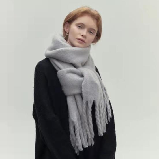 Women Scarf Solid Color Thickened Knitting Scarf with Tassel Decoration Versatile Design Warm Winter Scarf