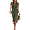 Women’s Short Sleeve Waist Tie Midi Dress Business Casual Solid Crew Neck Split Hem Soft Fabric Office Wear