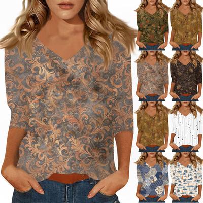 Dam T-shirt Tryck 3/4 Ärm Dagligen Helg Mode Basic V-ringad Normal Topp