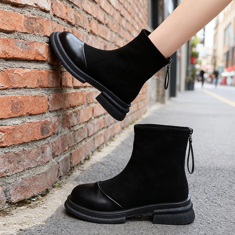 Retro Style Martin Boots for Women Show Long Legs, Zipper, Thin Boots, Velvet Cotton Boots, Brown Thick-soled Small Short Boots.