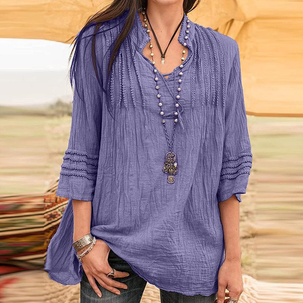 Women Flared Sleeve Tops Solid V-Neck Lace Splicing Fold Three Quarter Sleeve