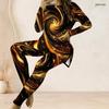 Women Plus Size Black Teal Gold Printed Two Piece Set Round Neck Long Sleeve Longline Top And Fitted Pants