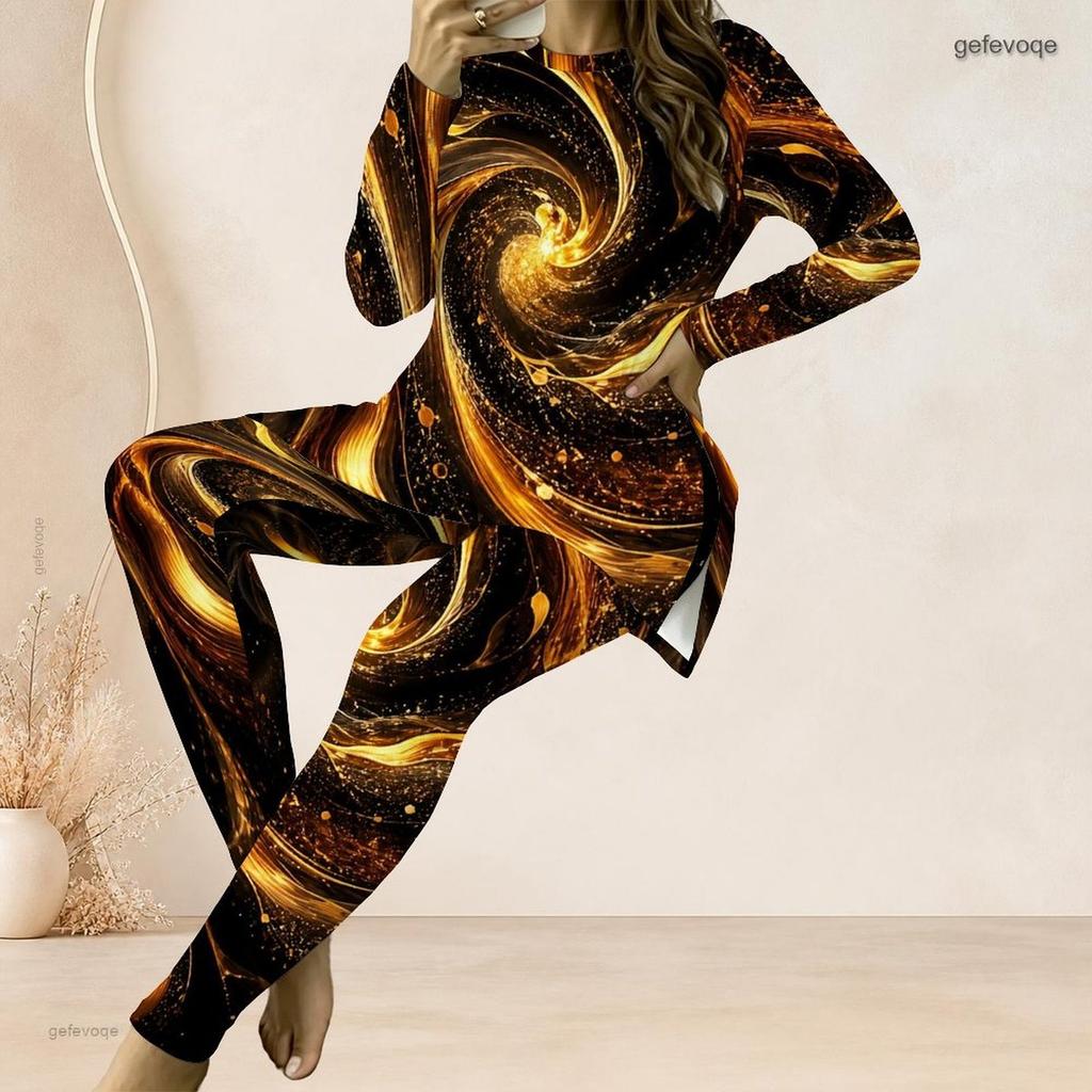 Women Plus Size Black Teal Gold Printed Two Piece Set Round Neck Long Sleeve Longline Top And Fitted Pants