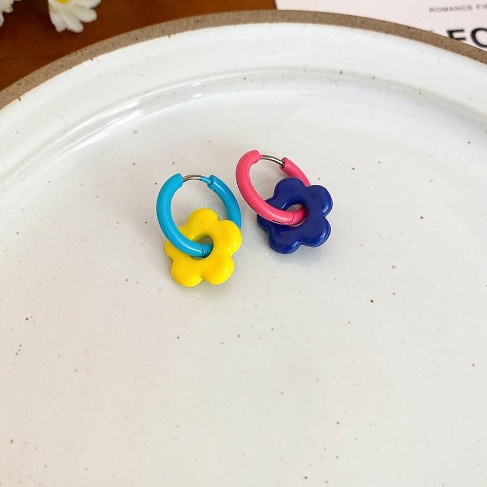 1pair Dopamine Flower Earrings Gold Color Circle Hoop Earrings Sweet Fashion Jewelry  Gift