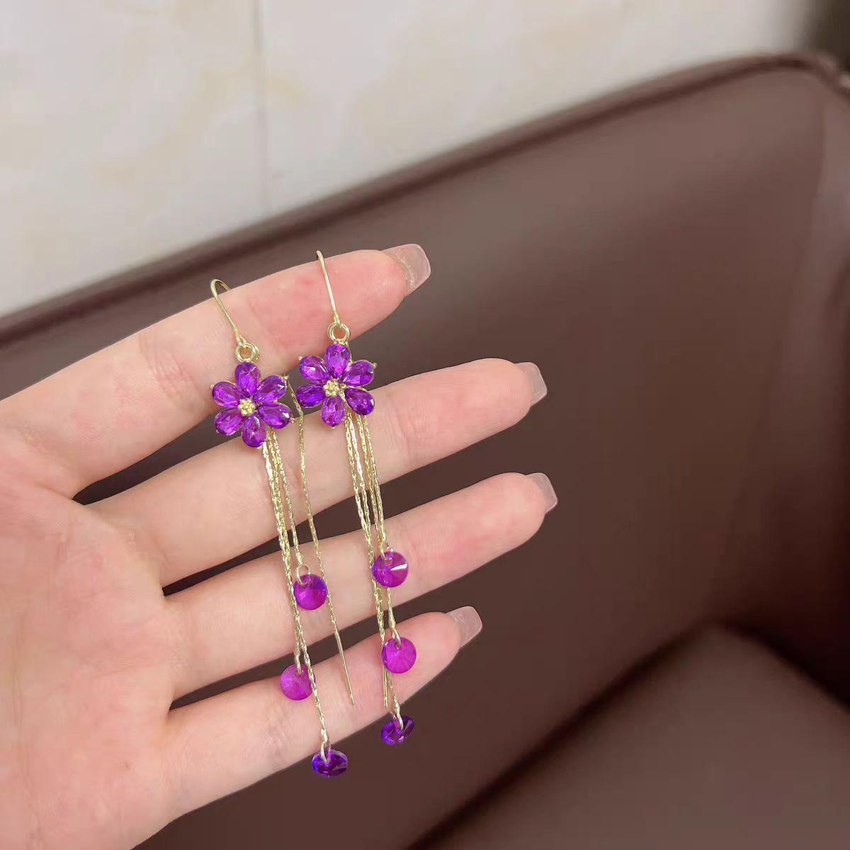 

Роскошные серьги-кисточки в корейском стиле — европейская и американская мода с цветочным дизайном, инкрустированным бриллиантами фиолетовый