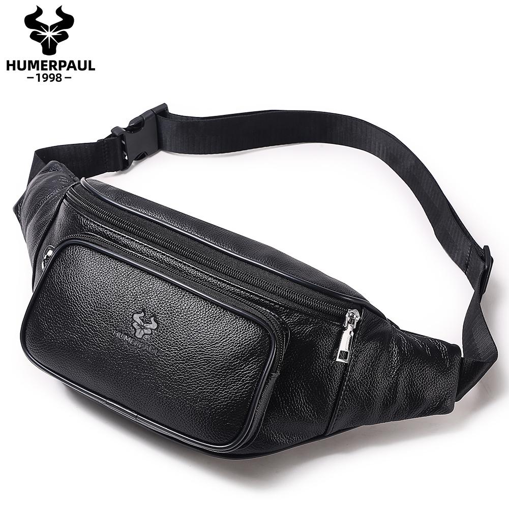 HUMERPAUL Men leather waist bag multifunctional cowhide leisure sports mobile phone waist bag multi-compartment chest bag large-capacity shoulder bag