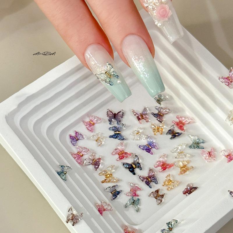 30Pcs 3D Butterfly Nail Charms Colorful Resin Flat Back Bowknot Decorations for Press-On Nails DIY Manicure Art Design