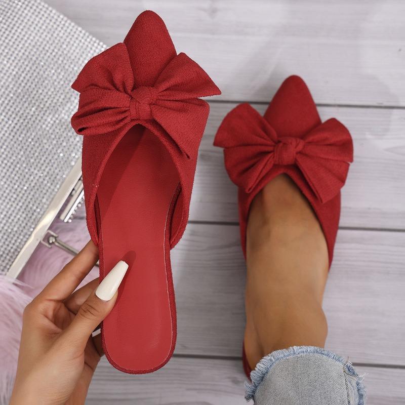 Plus Size Women's Spring and Summer New Pointed Low Heel Slippers Bow Suede Block Heel Women's Shoes