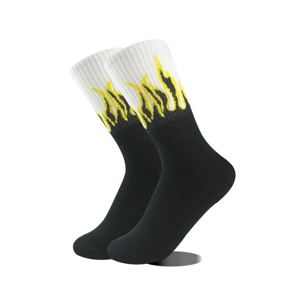 Flame Socks for Men Women Hip Hop Cartoon Fire Yellow Black Fashion Designer Sports Skateboard Cool Stuff Gift (SO23)