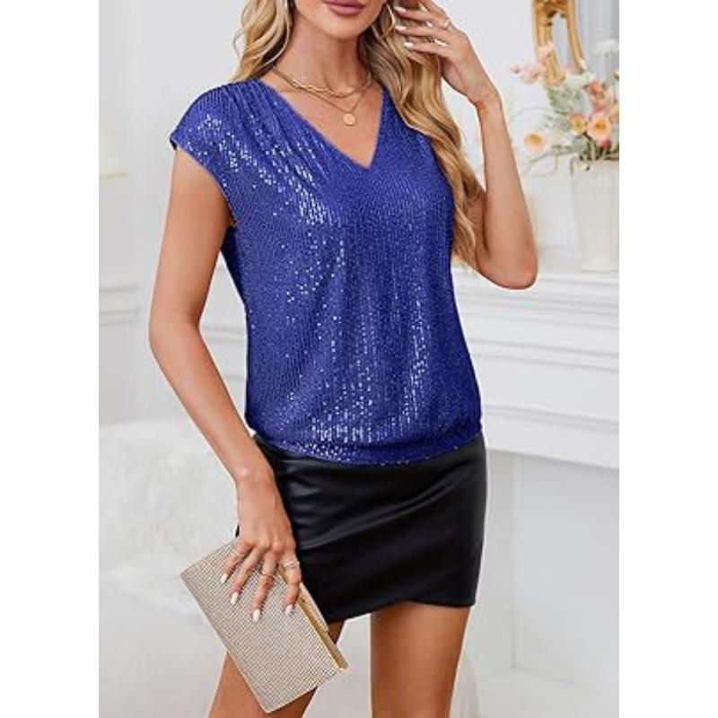 2026 Summer new shoulder sleeves sequined slim V-neck solid color top T-shirt women