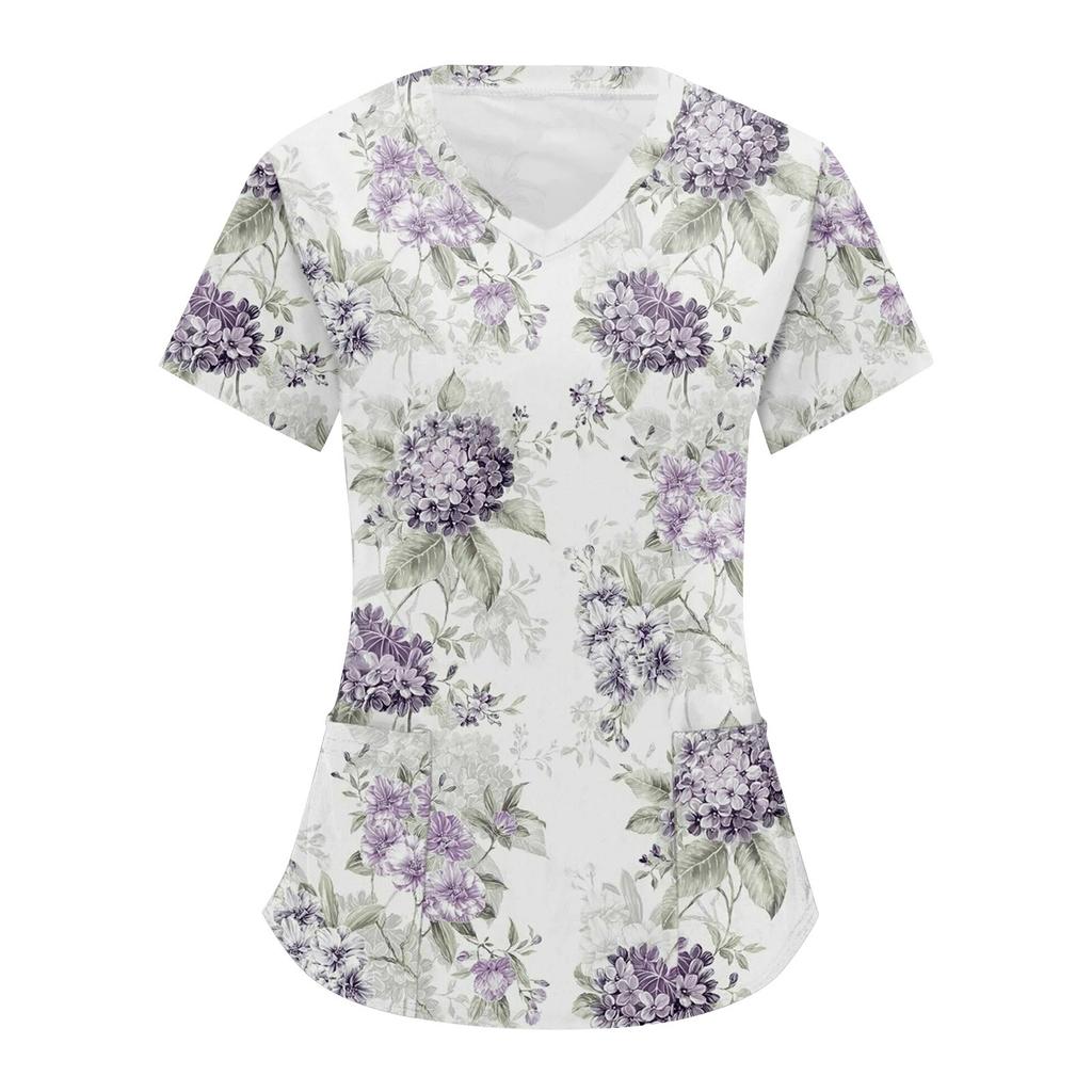 Women's Retro Floral Printed Short Sleeve V-neck Tops Working Pocket Blouse