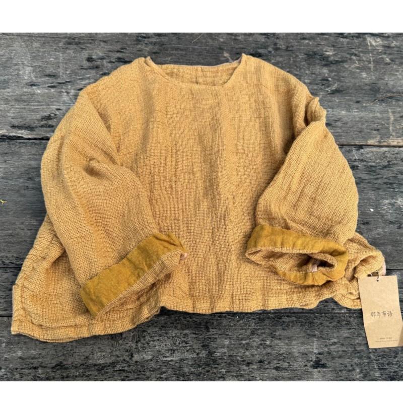 Johnature Женский винтажный пуловер с круглым вырезом, длинным рукавом, осенний, свободный, пэчворк, карманы, женские рубашки M