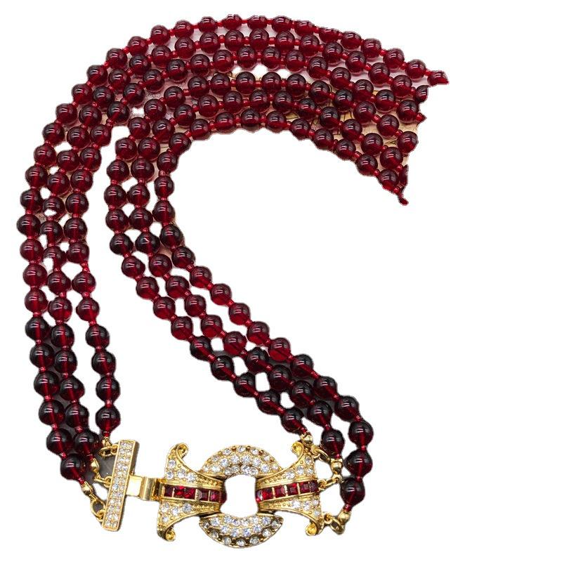 Retro Pomegranate Red Glass Bead Layered Sweater Chain & Rhinestone Necklace Bracelet Set