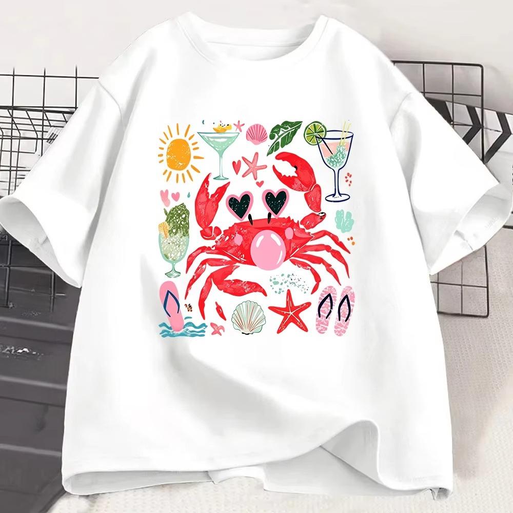 Kawaii Beach Crab Tshirt Aesthetic Summer Holiday Graphic Top Cute Cartoon Crab Tee Cocktail Party Outfit Unisex Unisex Wear