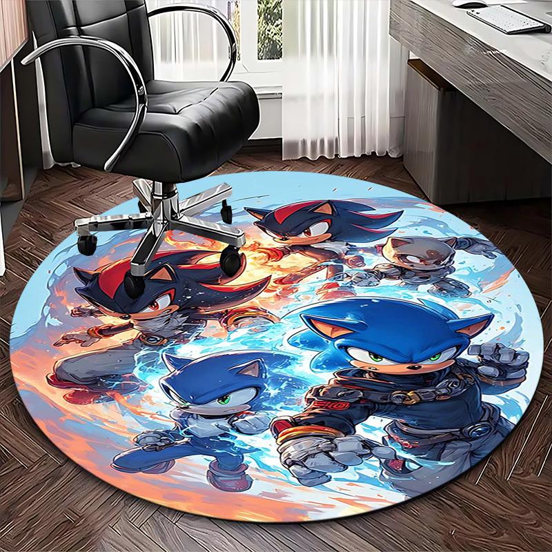 1pc Sonic the Hedgehog Anime Cartoon Design Round Carpet - Office Chair Mat, Non-Slip Rug for Home Decor, Living Room, Bedroom, Game Room, Dormitory,