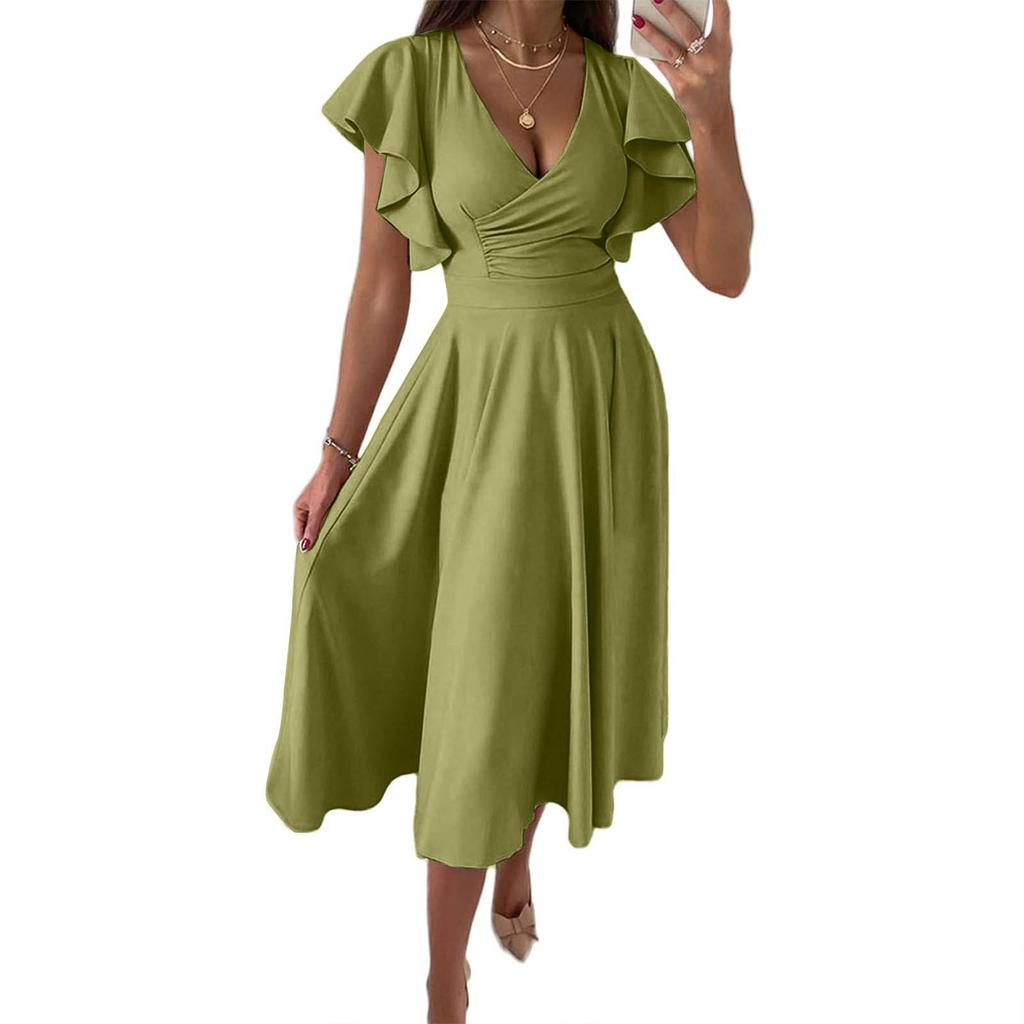 Fashion Ladies Ruffle Skirt Spring And Summer Low V-neck Waist Slim Sexy Dress