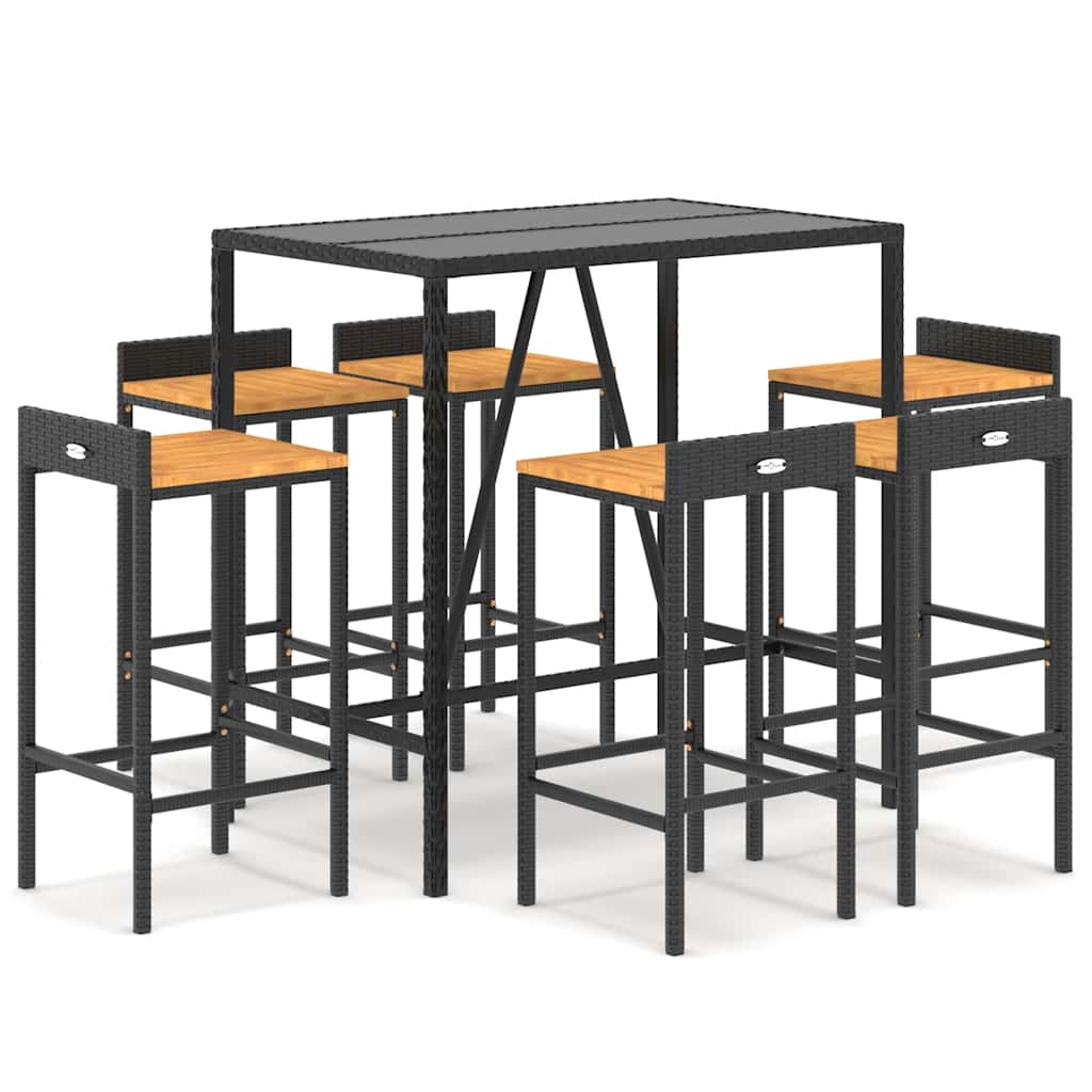 7 Piece Garden Bar Set Black Poly Rattan & Solid Acacia Wood