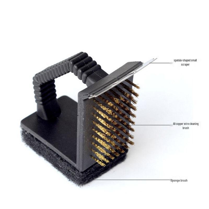 Triangle BBQ Grill Cleaning Brush with Steel and Copper Bristles and Small Scraper