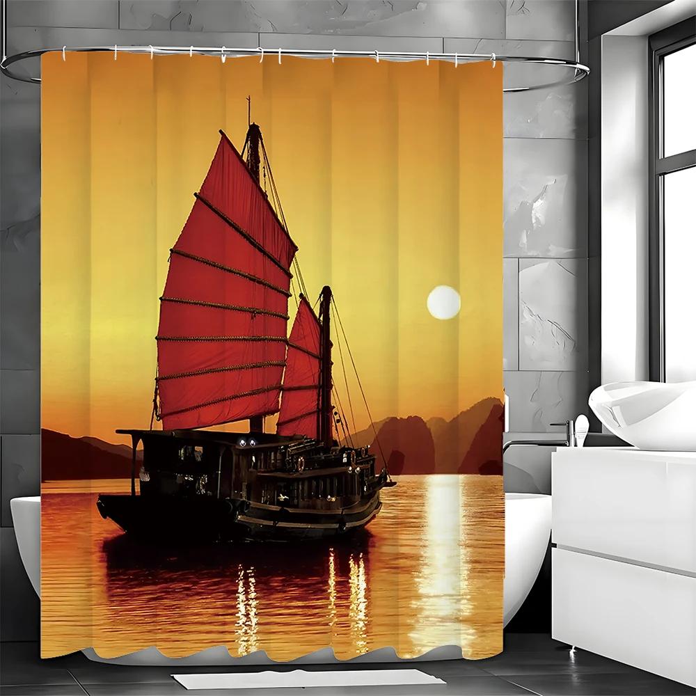 Sunset Sunrise Mountains Sea Sailboat Shower Curtain, Bathroom Decorative Shower Curtain, Waterproof Shower Curtain with Hooks