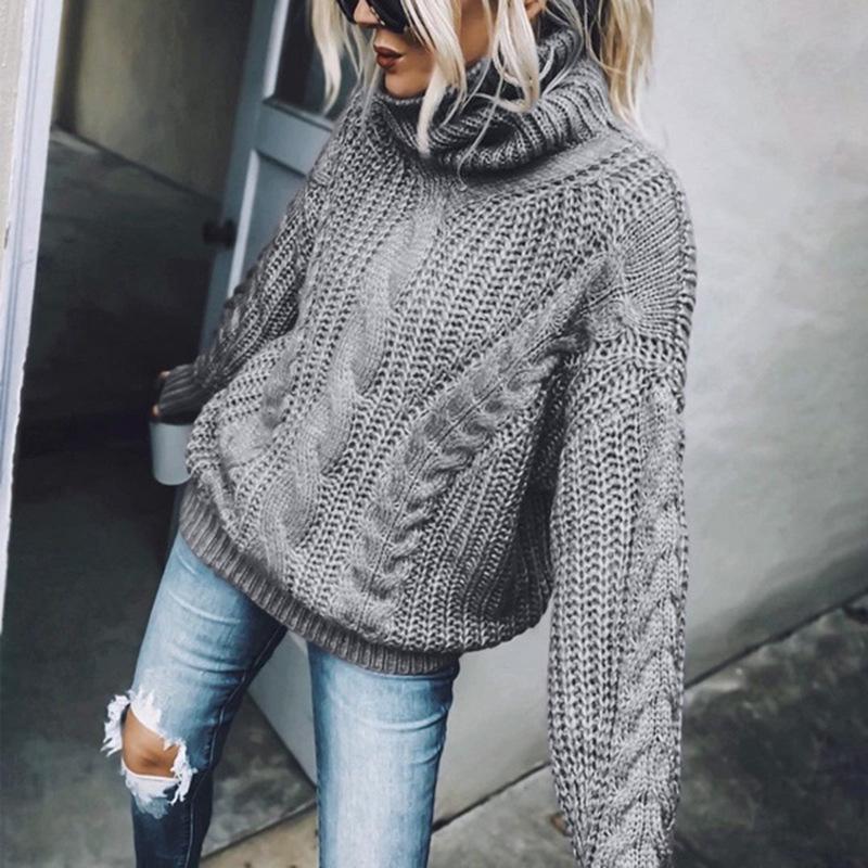 TIFICY Women s Fashion Casual Fall Winter Solid Color Print Long Sleeve High Neck Sweaters S серый
