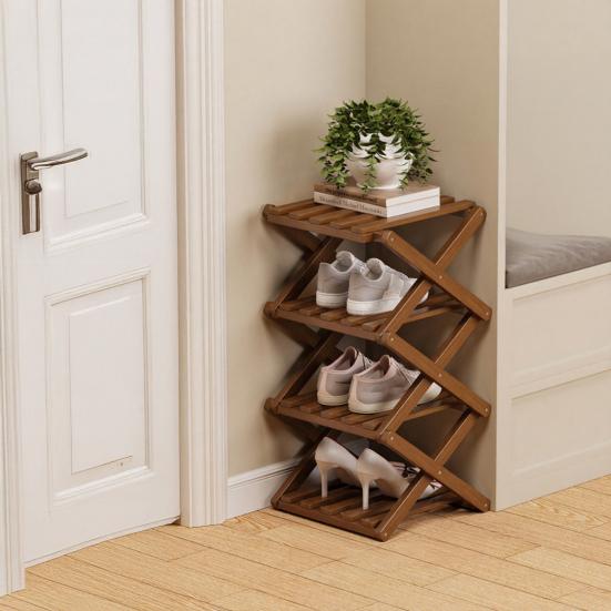 Wooden Folding Shoe Rack No Assembly 2/3/4/5/6/7 Tiers Bamboo Corner Shoe Rack Hallway Entryway Small Space Shoe Organizer Shelf