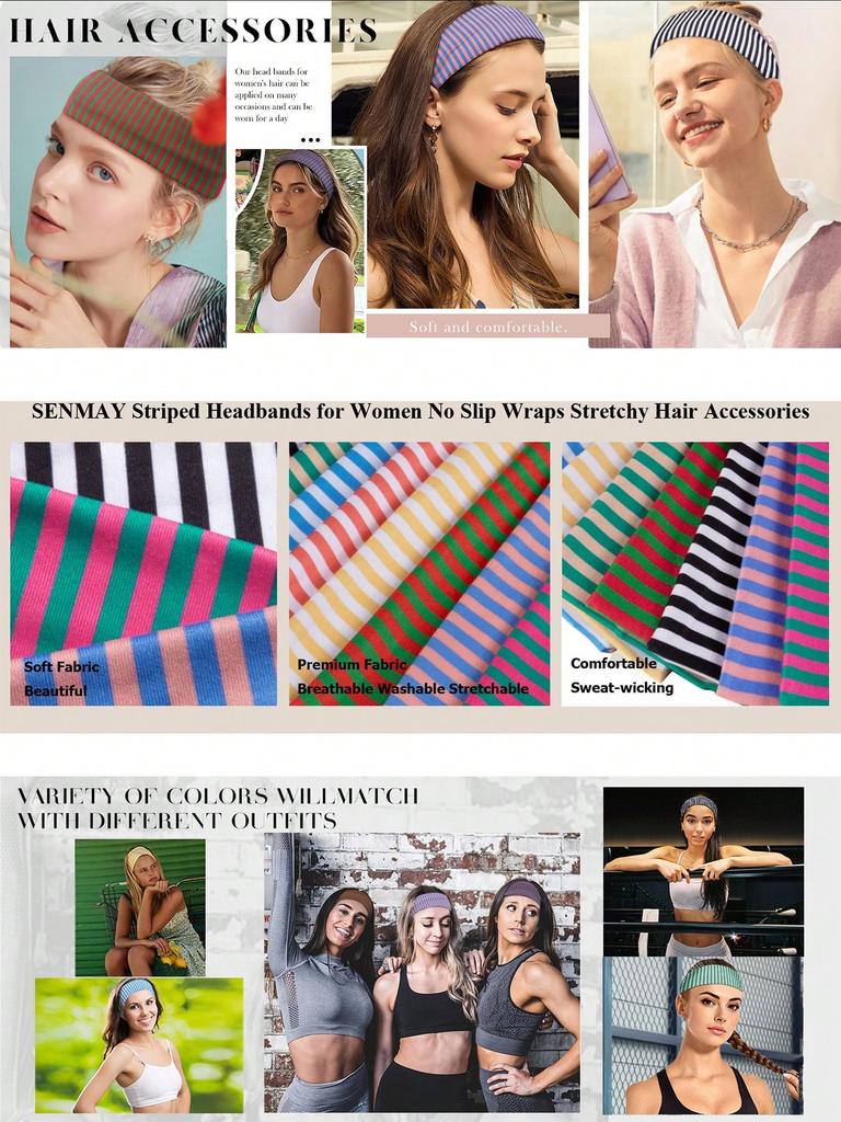 Striped Headbands, Non-Slip Elastic Fashion Headwraps For Women, Suitable For Fitness, Yoga, Running, Casual Polyester Headbands For All Seasons