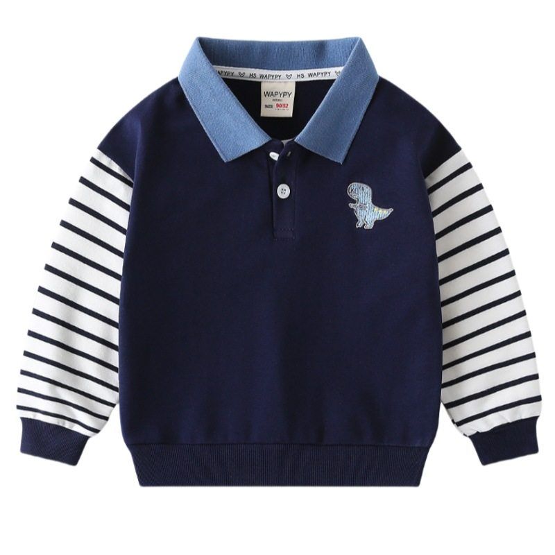 Spring and Autumn Children's Clothing Boys Long Sleeves Sweatshirt Kids Patchwork Sleeve Pullover Clothes Baby Dinosaur Embroidered Lapel Clothes