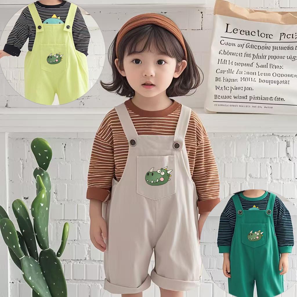 Baby and Children's Autumn/Winter Dinosaur Crocodile Strap Pants Two Piece Set Striped Round Neck Outerwear