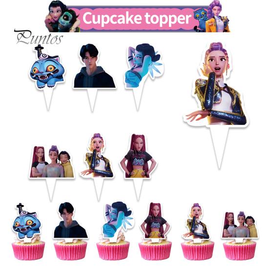 Birthday Flag Cake Topper Demon Hunters Decorations Set Anime Theme Happy Party Girls Supplies with Banner Toppers Backdrop for Kids Fans Premium