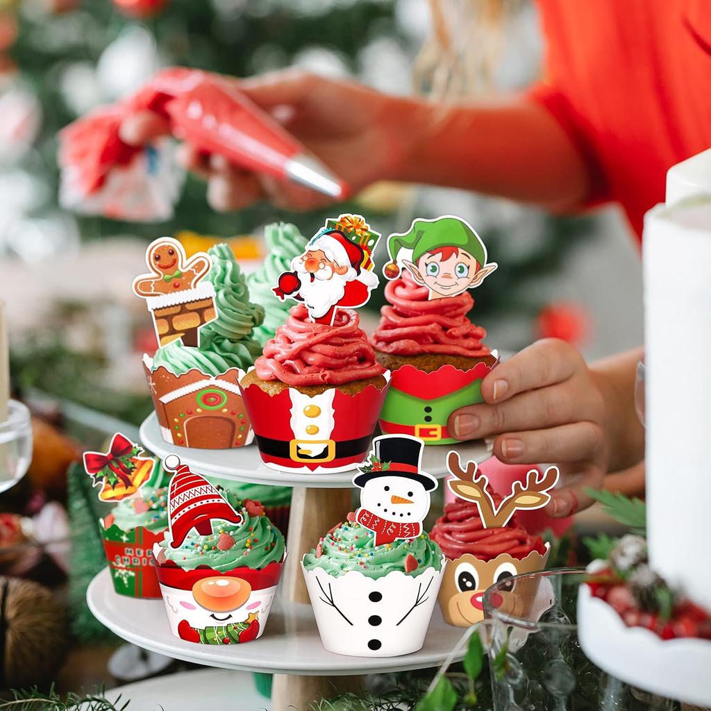 128 Pieces Christmas Cupcake Toppers Wrappers Party Supplies Favors - Snowman Santa Claus Reindeer Elf Gnome Gingerbread