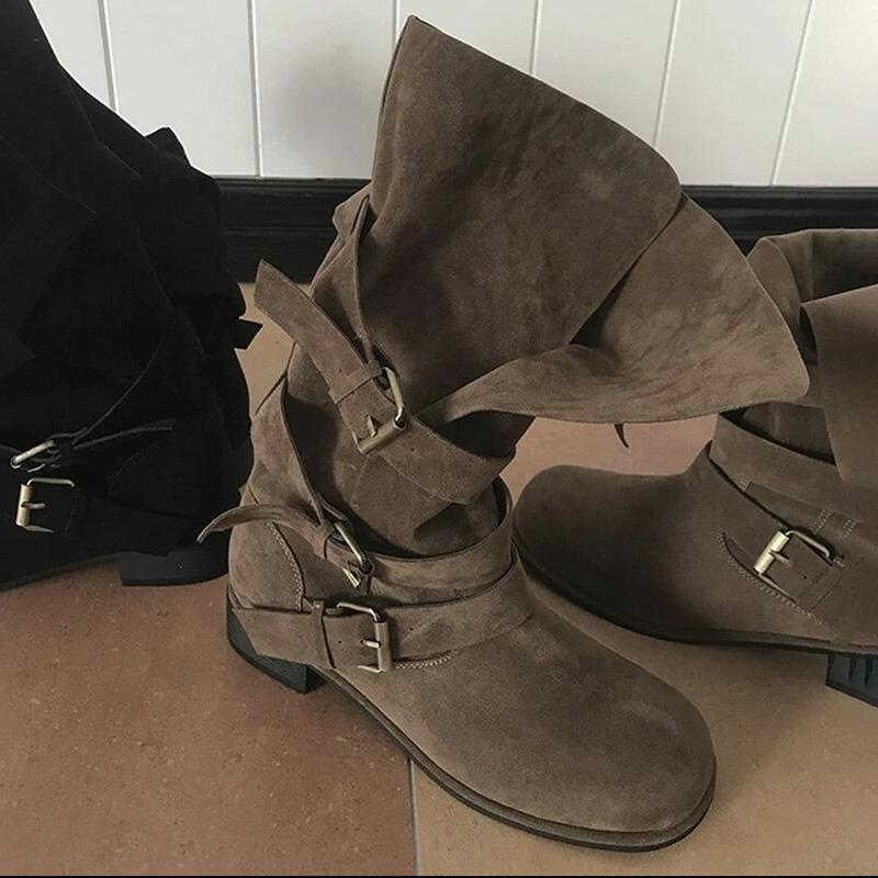 Cowhide version~ Korean niche belt buckle western cowboy boots women's matte two wear medium boots thick heel knight boots