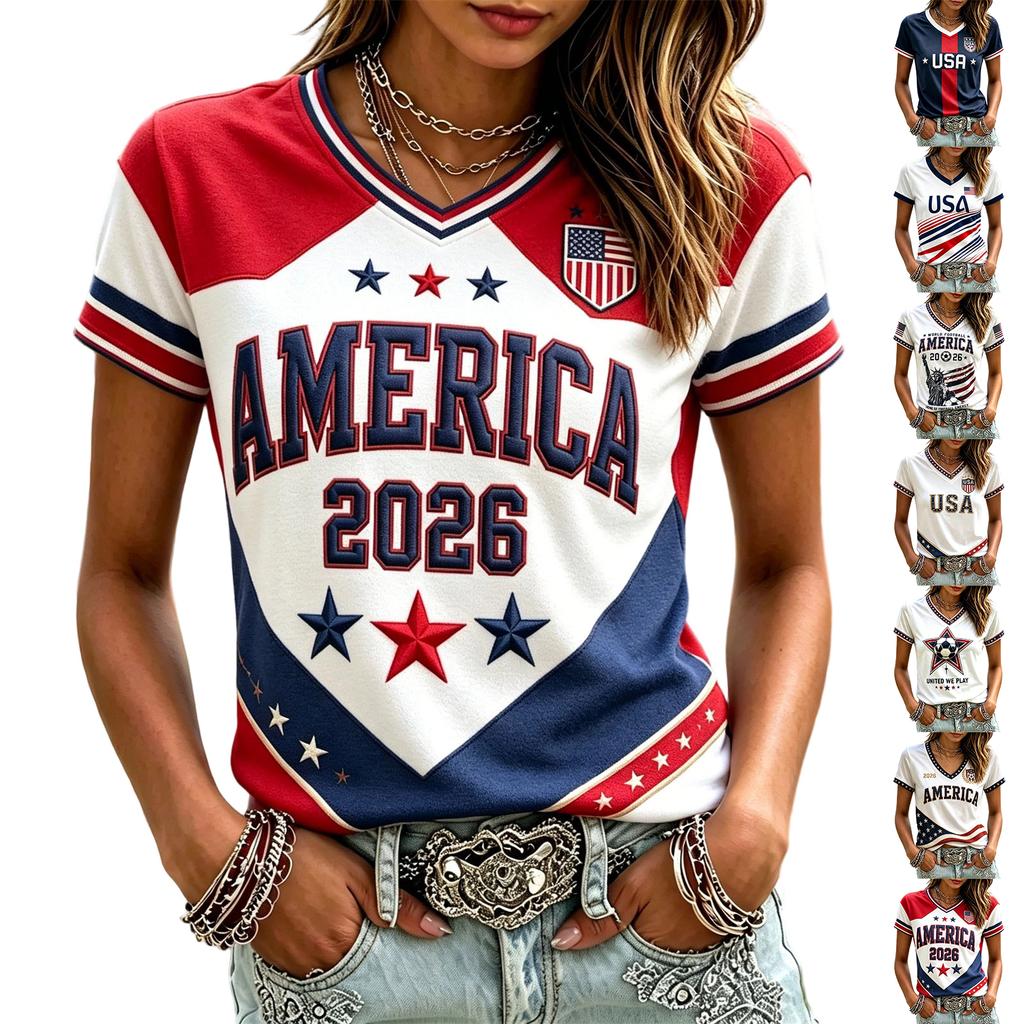 Women's Casual Short Sleeve V Neck Pullover Top Soccer Print Graphic Tee Lightweight Comfortable Fit