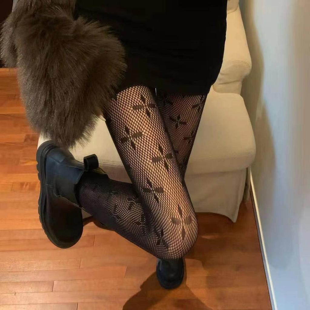Mu Ruan Four-Leaf Clover Fishnet Pantyhose - Black JK Style, Sexy Slim Leggings for Autumn/Winter