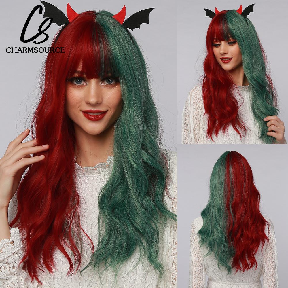 CharmSource Lange natürliche gewellte Perücke mit ordentlichem Pony/Fransen für Frauen, rosa Haar, synthetische Perücken, Cosplay, Party, hitzebeständige Faser