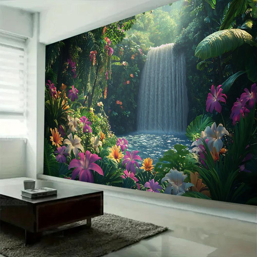 Tapestry wall hanging, home decoration, jungle waterfall, flower forest, room wall background, living room, bedroom decoration