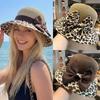 Cappello di Paglia con Fiocco Stampa Leopardo, Ampia Tesa, Leggero, Cappello da Sole da Donna, Protezione UV, Traspirante, Cappello da Pescatore, Estivo, per Esterno