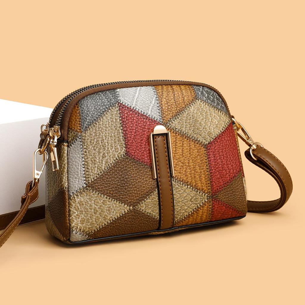 Ethnic Style Colorblock Patchwork Double Zipper Crossbody Bag