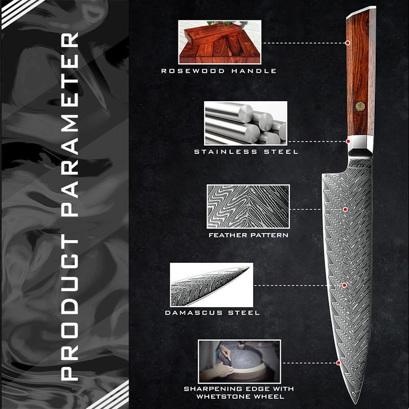 7.5 Inch Damascus Steel Chef Knife Kitchen Knife Vg 10 Japanese Chef's Knives Sashimi Cutlery Cooking Tools Rosewood Handle GRANDSHARP