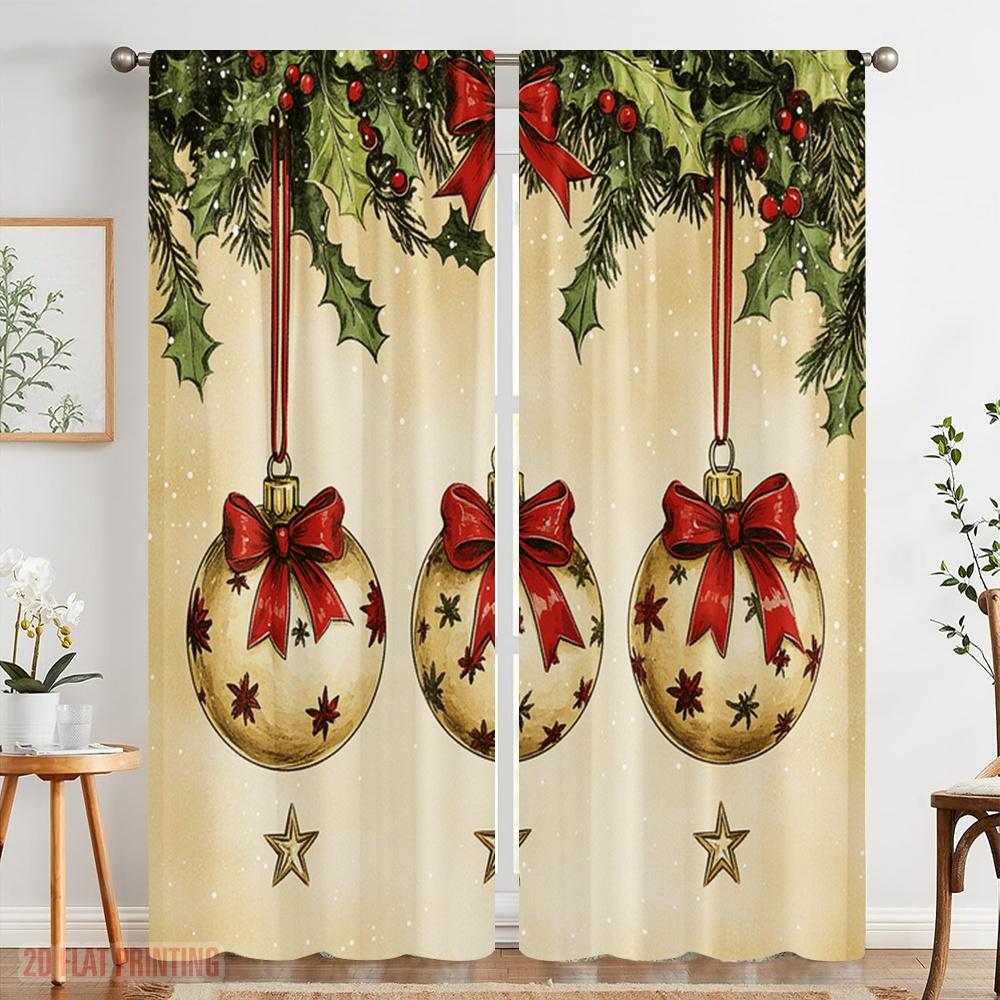 2pcs,2D Plane Printing Curtains Christmas Ornaments Holly Bows (2) Versatile Durable Polyester (without Rod) All Seasons Perfect
