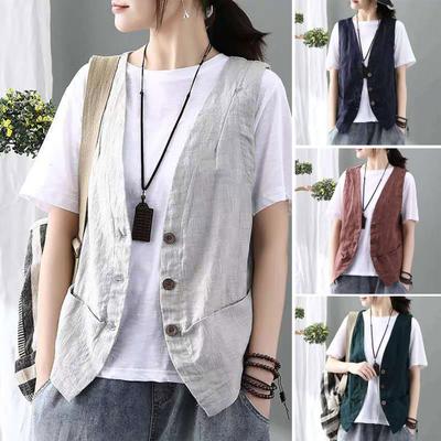 Lady Coat V Neck Single-breasted Sleeveless Solid Color Button Closure Retro Cardigan Waistcoat Daily Wear Casual Vest Top