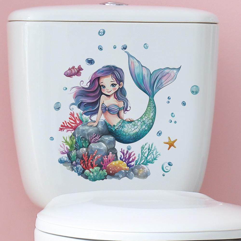 Cartoon Mermaid Coral Seaweed Bathroom Toilet Toilet Stickers for Home Beautification and Decoration