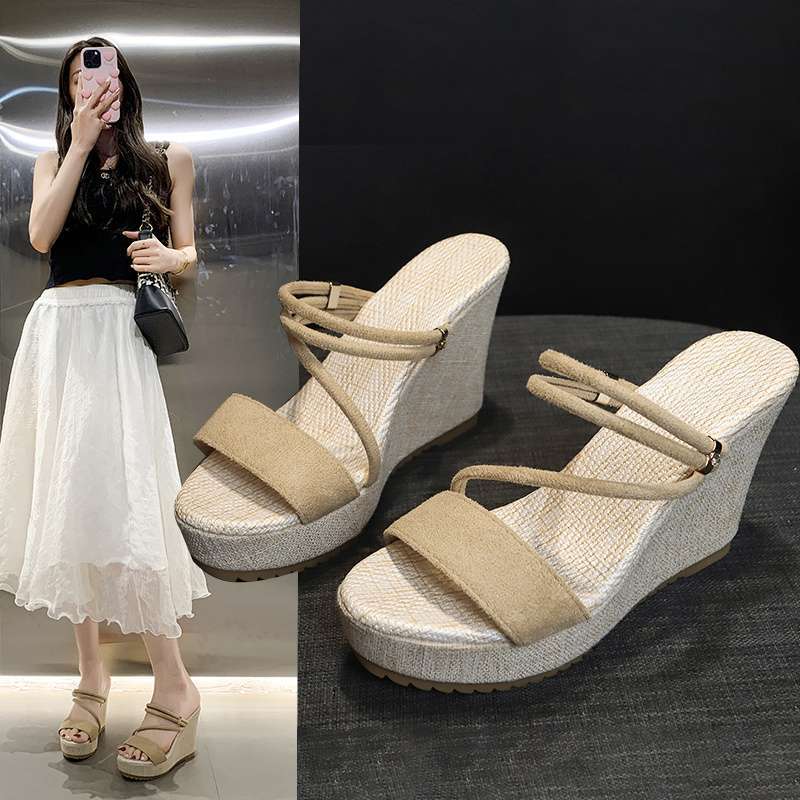 2025 Summer New Super High Heel Two Wear Shoes Wedge Heel Sandals Women's Versatile Platform Muffin Shoes Word with Cool Slippers