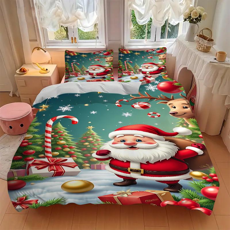3pc Christmas Santa Claus Deer Home Bedding Set-Festive Decor for Bedroom,Guest Room,Living Room 1147a