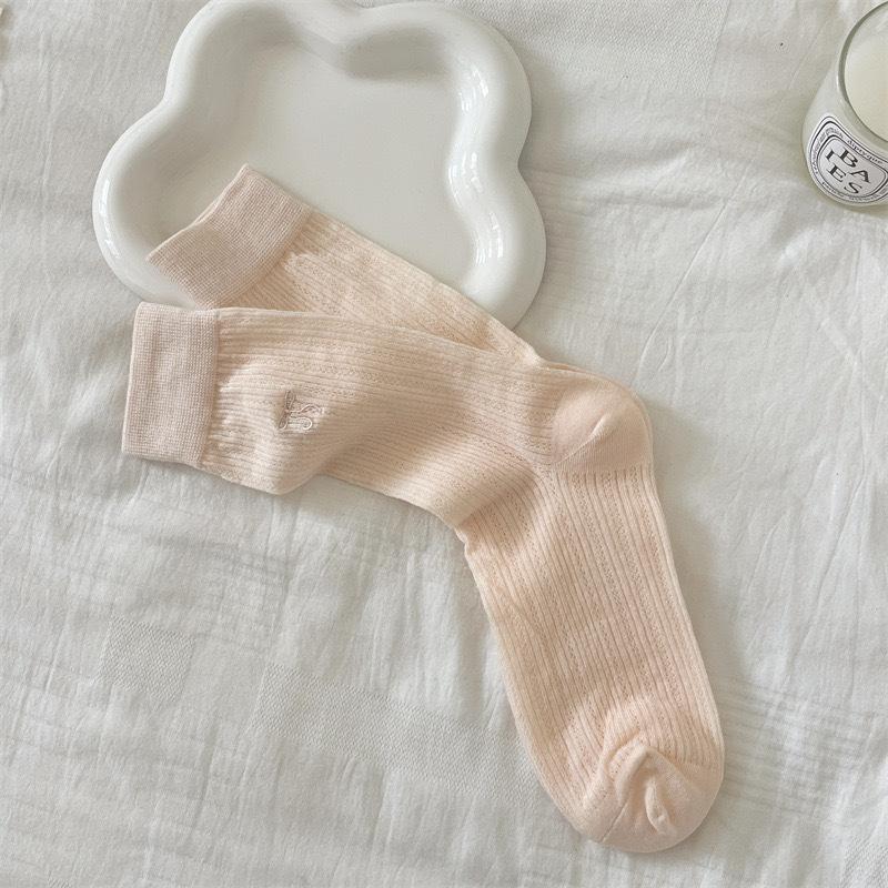 

Breathable Sweet Girl Bow Tie Solid Vertical Striped Stockinged Pure Cotton Stocking Mid-Calf Stocking 1 pair рожевий